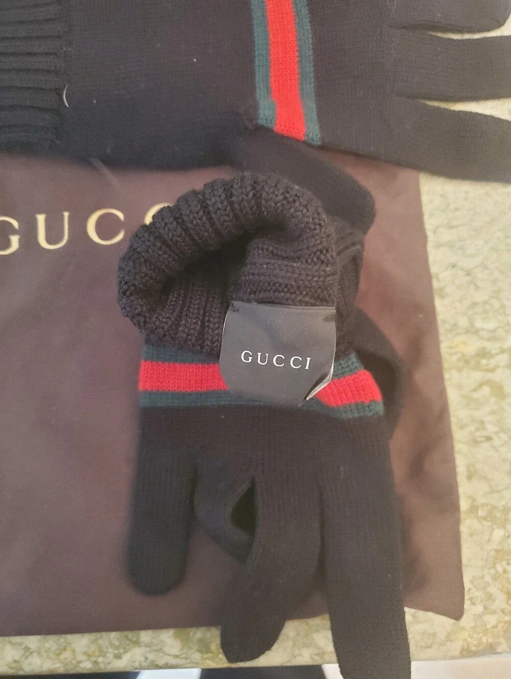 Gucci Black Knit Gloves with Red & Green Stripe